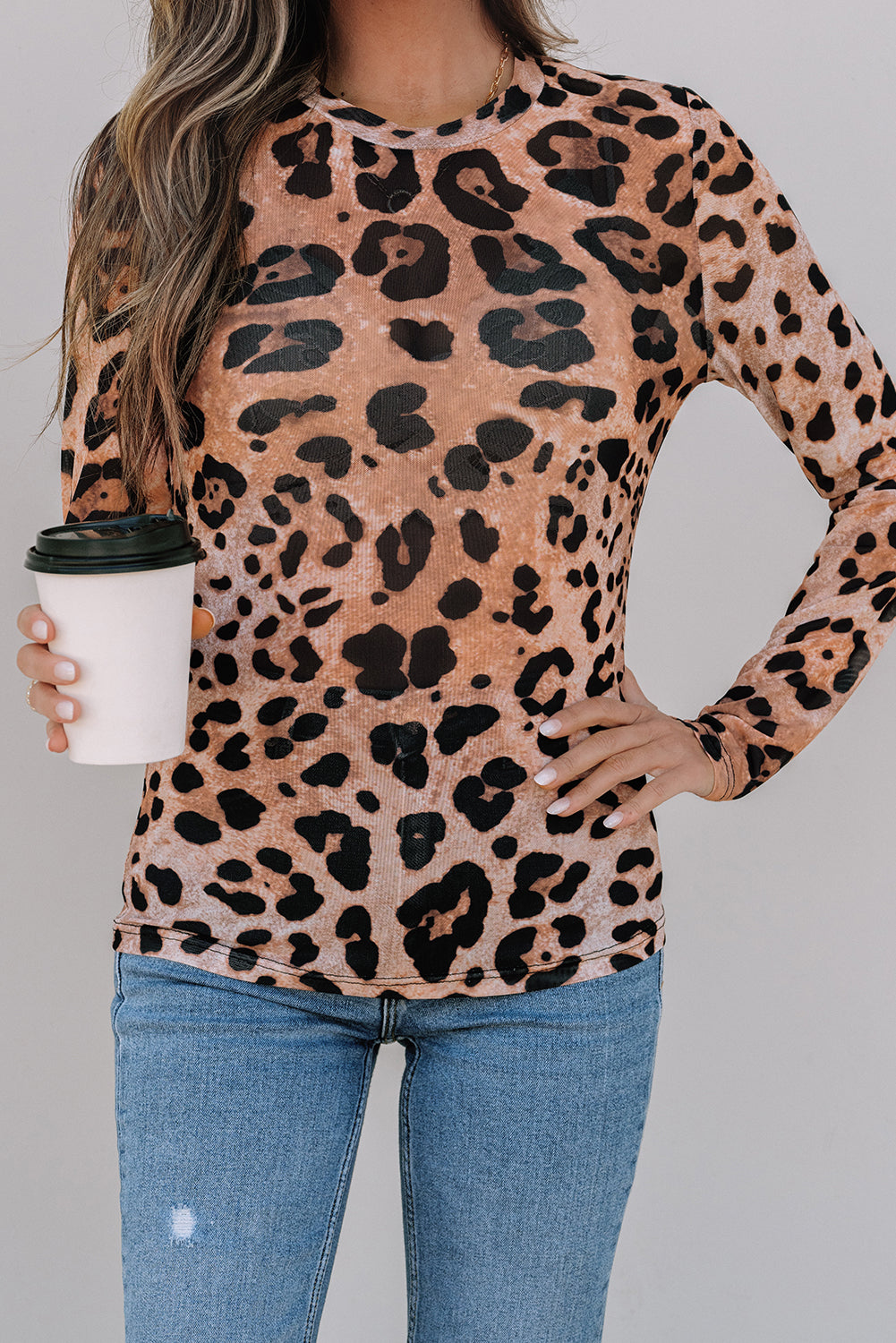 Brown Leopard Round Neck Long Sleeve Slim Top-Chaelisa's New Jammies