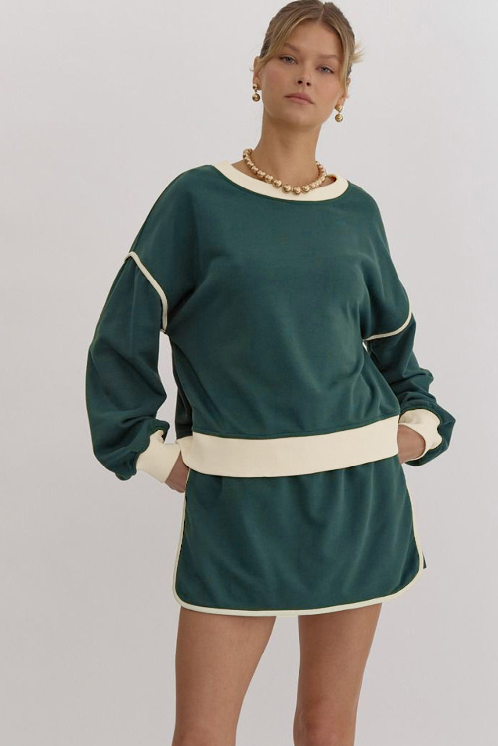 Evergreen Color Contrast Loose Pullover and Lace-up Waist Skort Set-Chaelisa's New Jammies