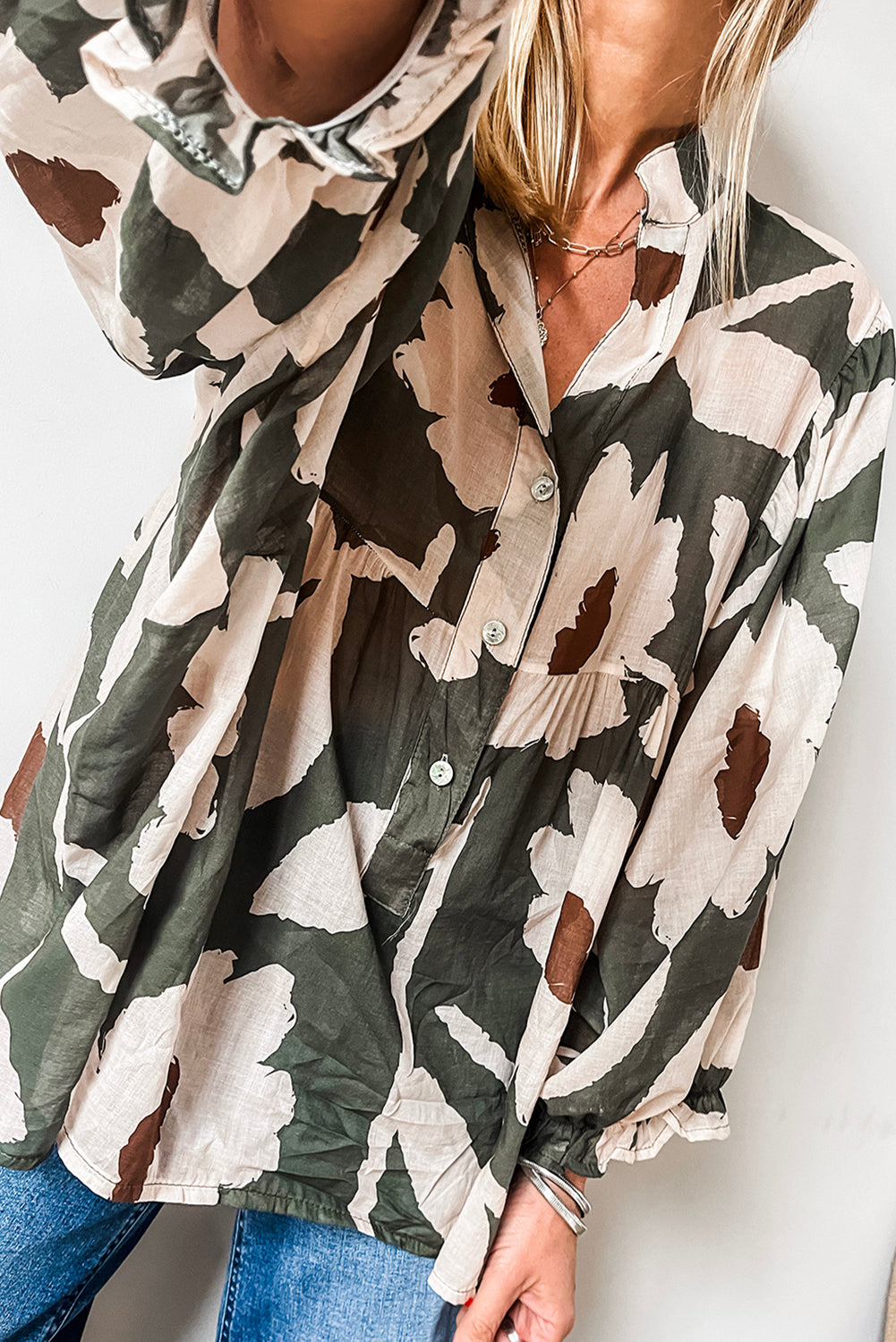 Four Leaf Clover Abstract Floral Print Puff Sleeve Half Button Blouse-Chaelisa's New Jammies