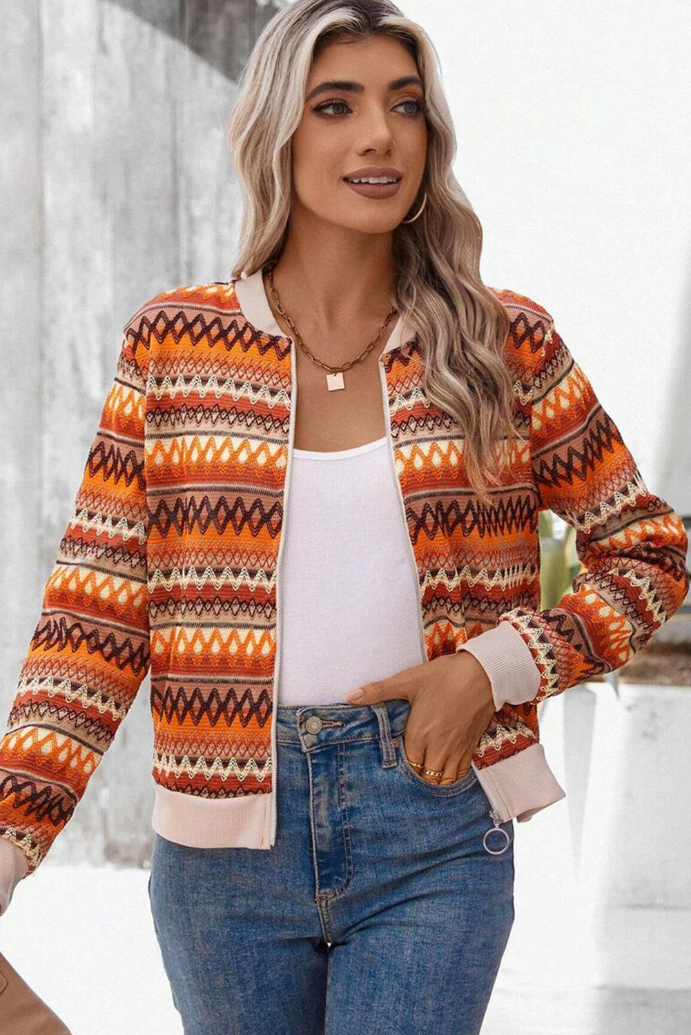 Orange Boho Striped Zip Up Long Sleeve Jacket-Chaelisa's New Jammies