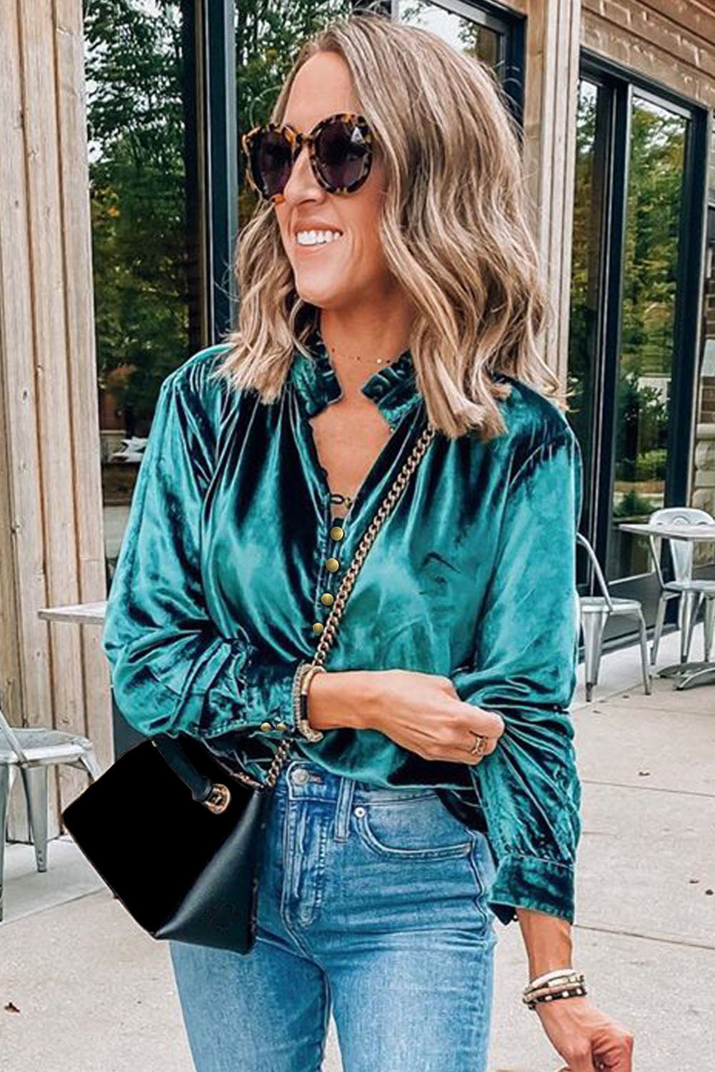 Navy Blue Frilled Buttoned V Neck Velvet Blouse-Chaelisa's New Jammies