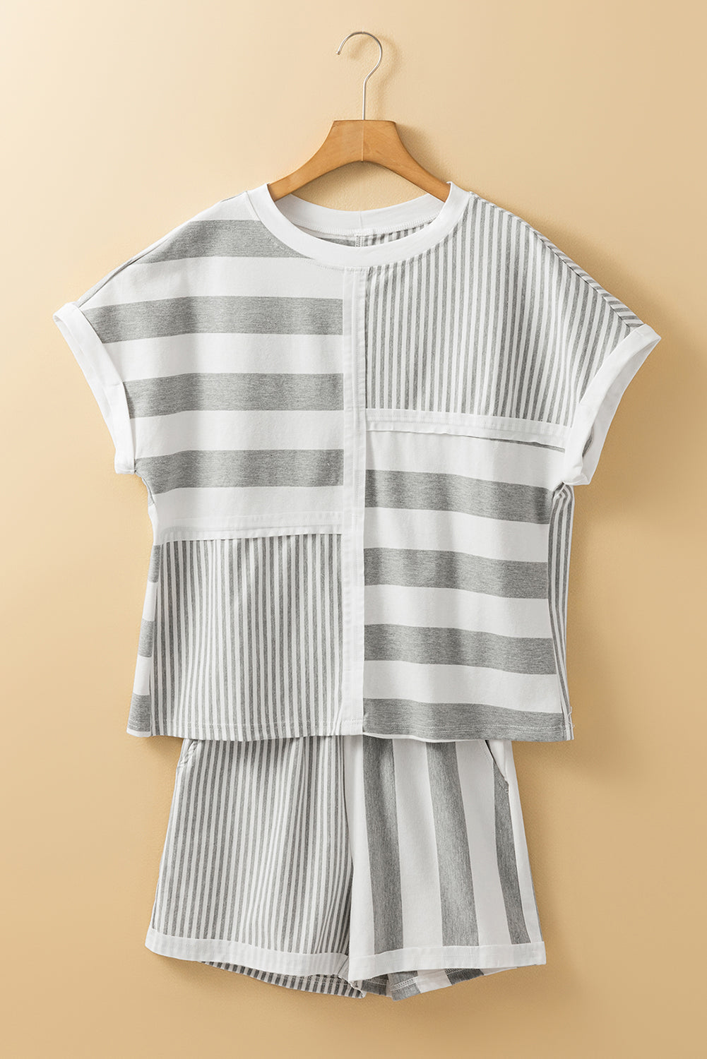 Gray Stripe Mixed Print Short Sleeve Top and Pocketed Shorts Set-Chaelisa's New Jammies