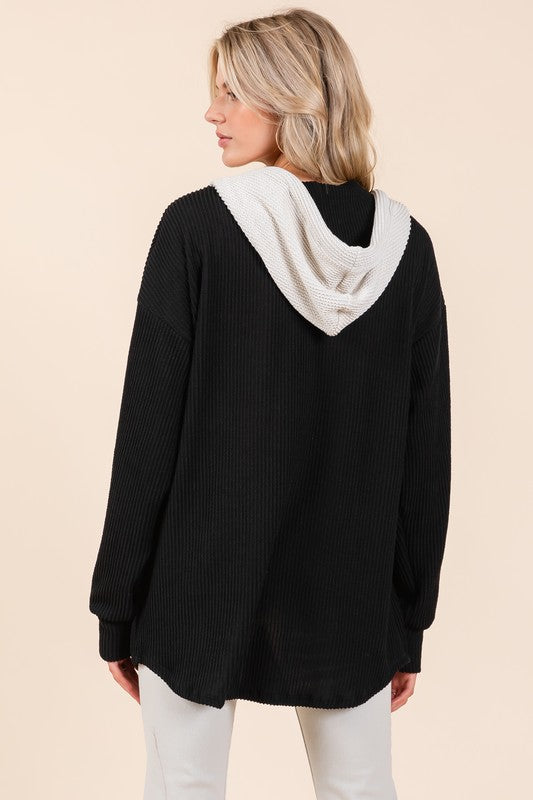 BOMBOM Textured Button Down Drawstring Hooded Shacket-Chaelisa's New Jammies