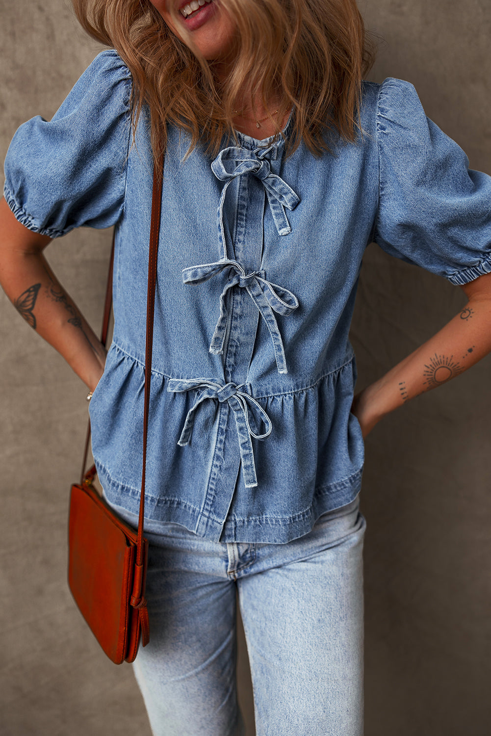 Dusk Blue Tied Front Bubble Sleeve Peplum Denim Shirt-Chaelisa's New Jammies