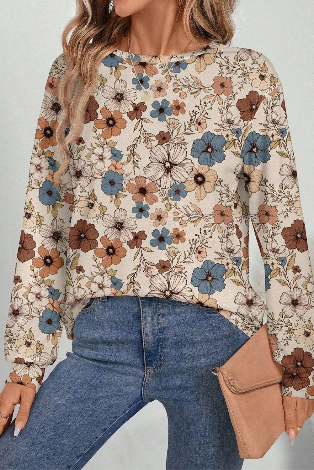 Khaki Floral Print Loose Crew Neck Long Sleeve T Shirt-Chaelisa's New Jammies