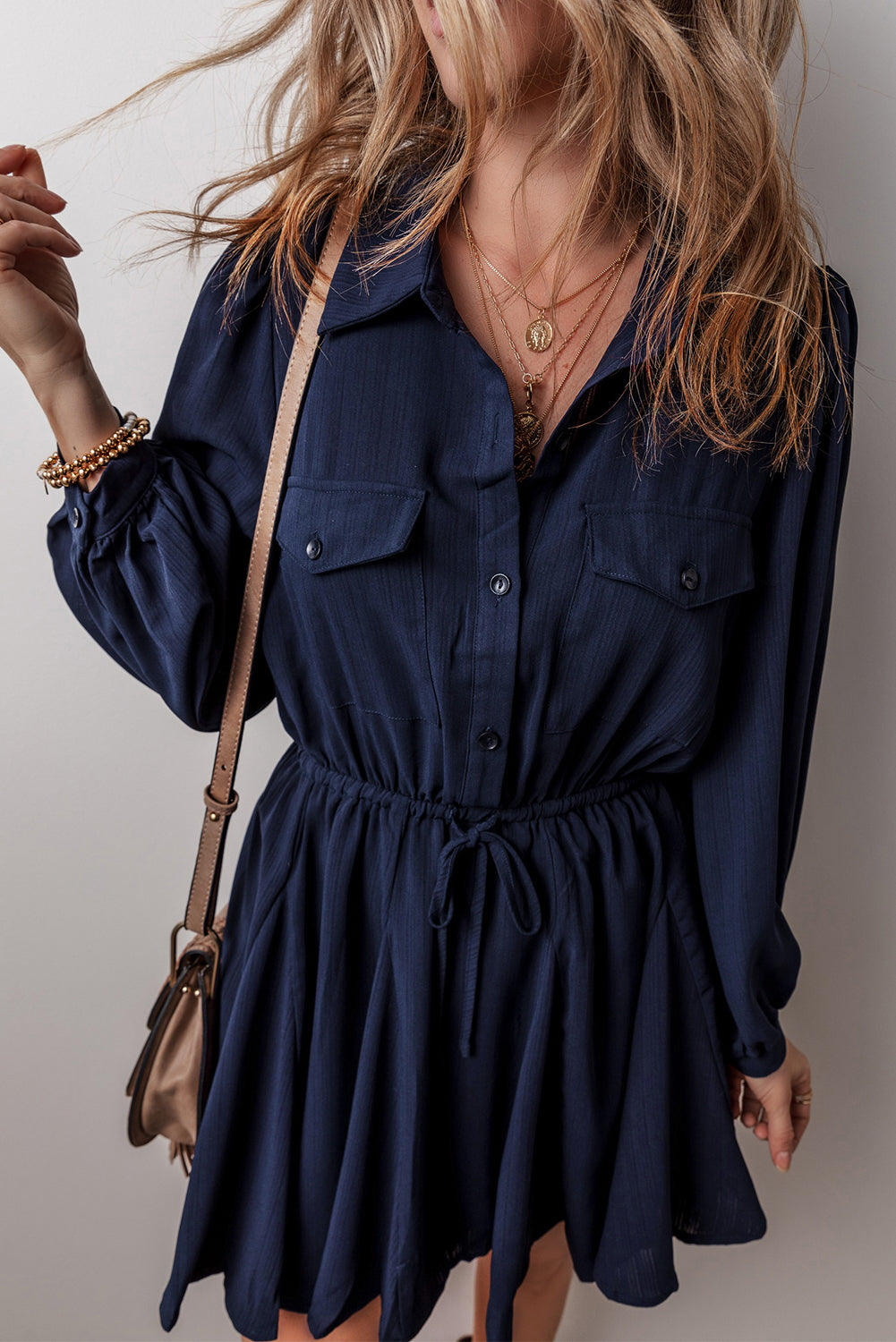 Navy Blue Solid Chest Pockets Tunic Shirt Mini Dress-Chaelisa's New Jammies