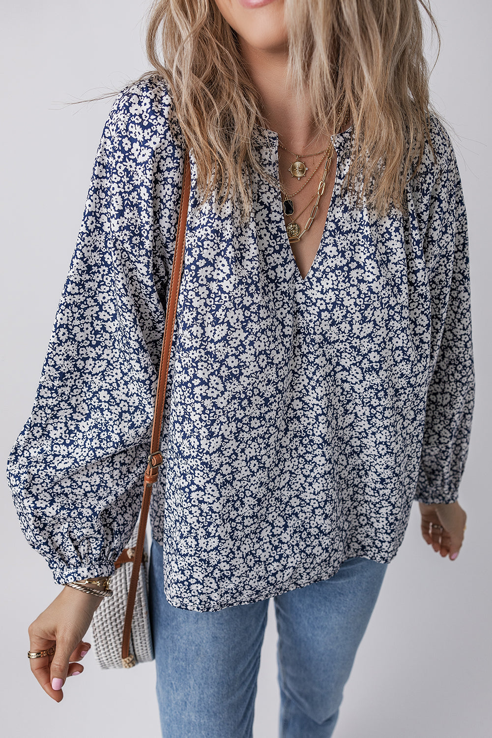Blue Floral Print Notched V Neck Puff Sleeve Blouse-Chaelisa's New Jammies