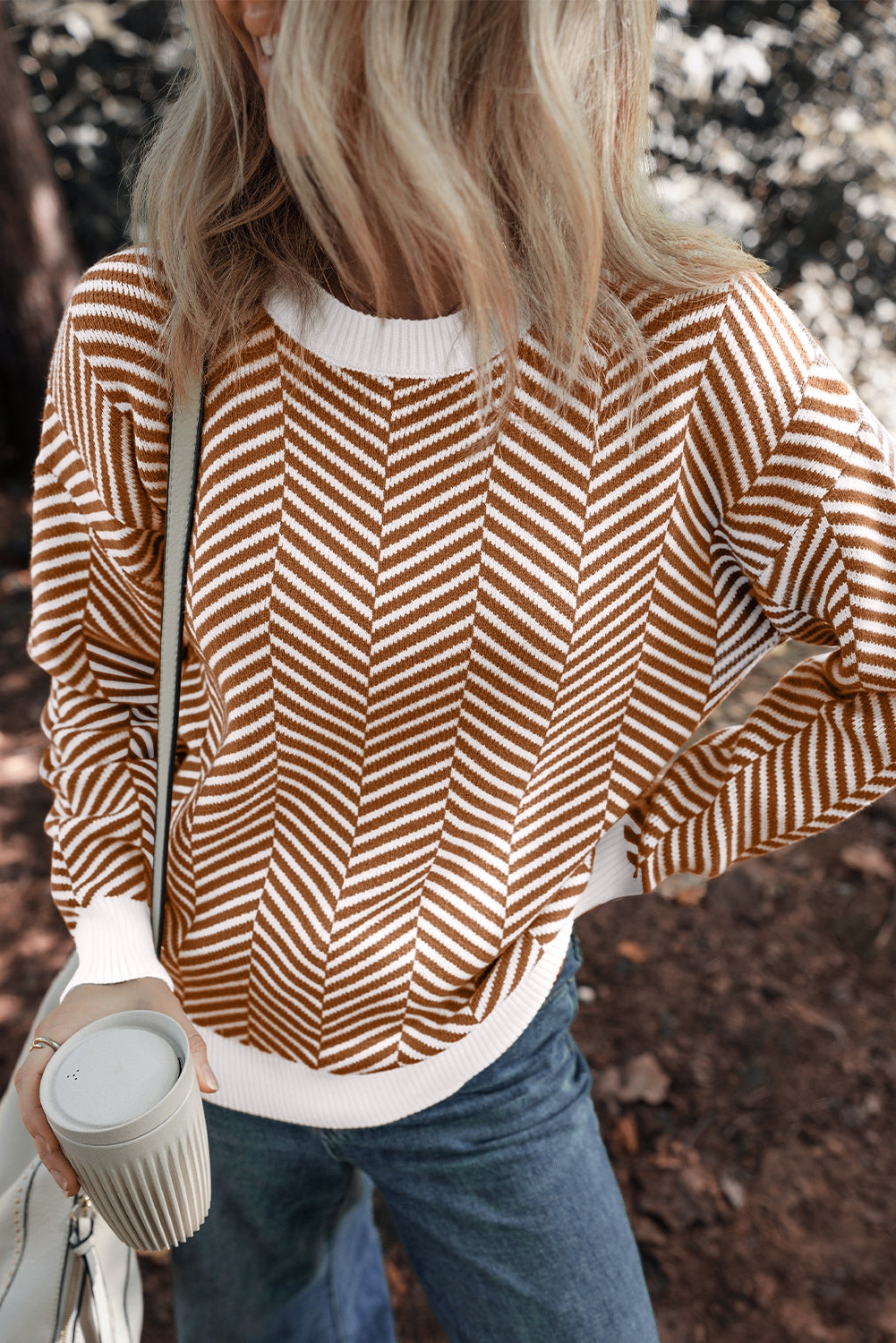 Coffee Contrast Edge Crew Neck Drop Shoulder Sweater-Chaelisa's New Jammies