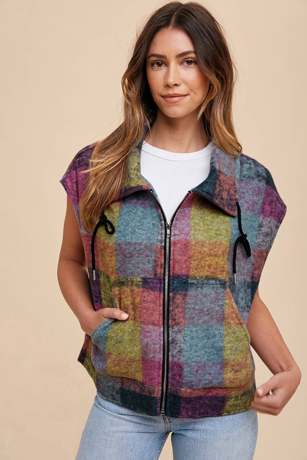 Multicolor Plaid Print Side Pockets Zipped Loose Vest-Chaelisa's New Jammies