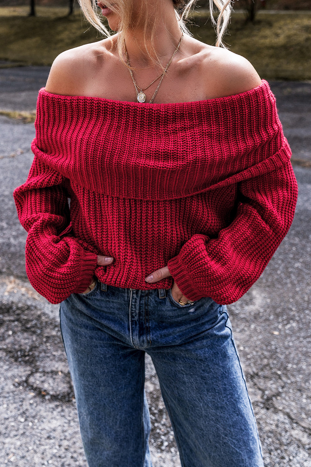 Racing Red Off-the-shoulder Knit Sweater-Chaelisa's New Jammies