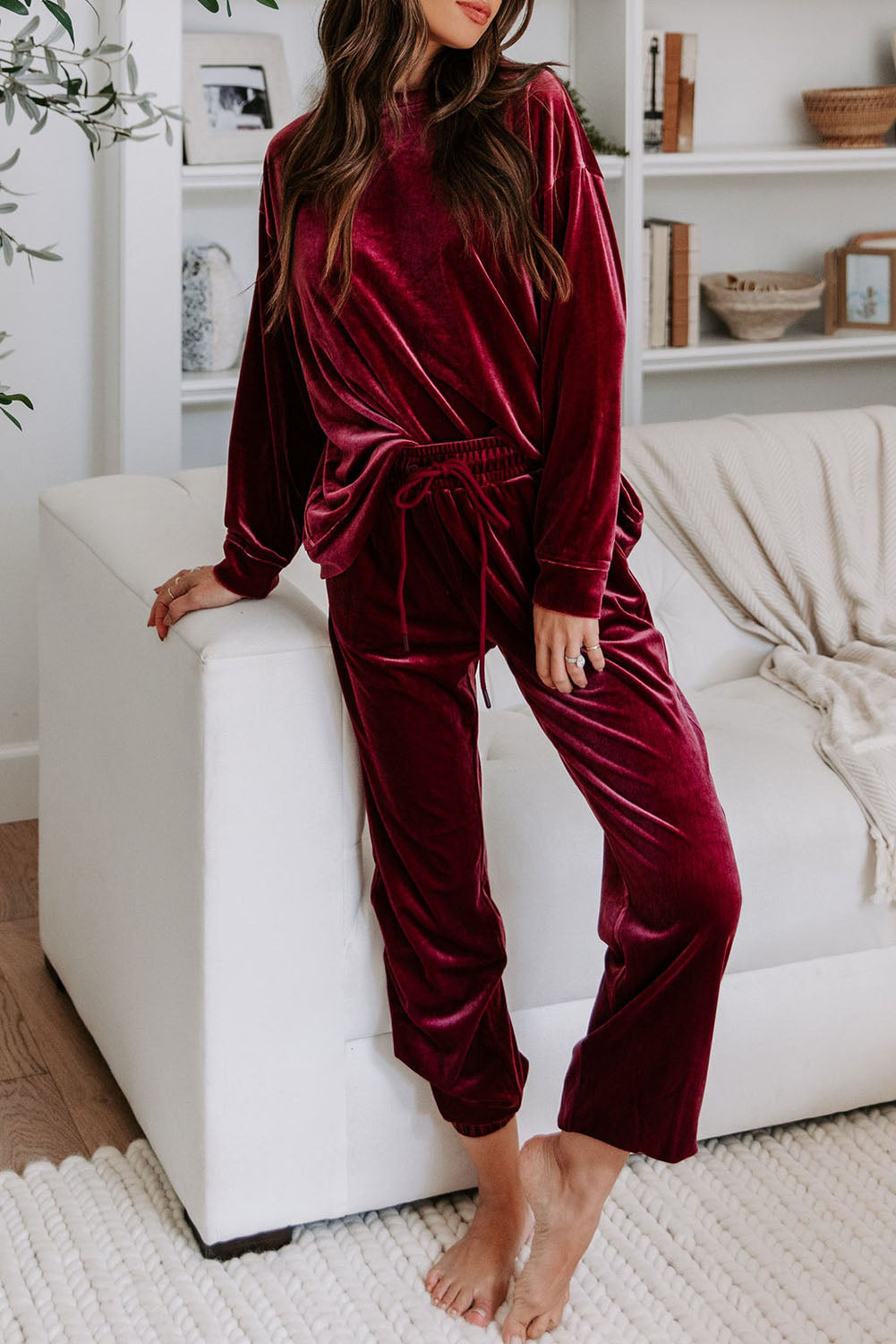 Fiery Red Solid Velvet Two Piece Lounge Set-Chaelisa's New Jammies
