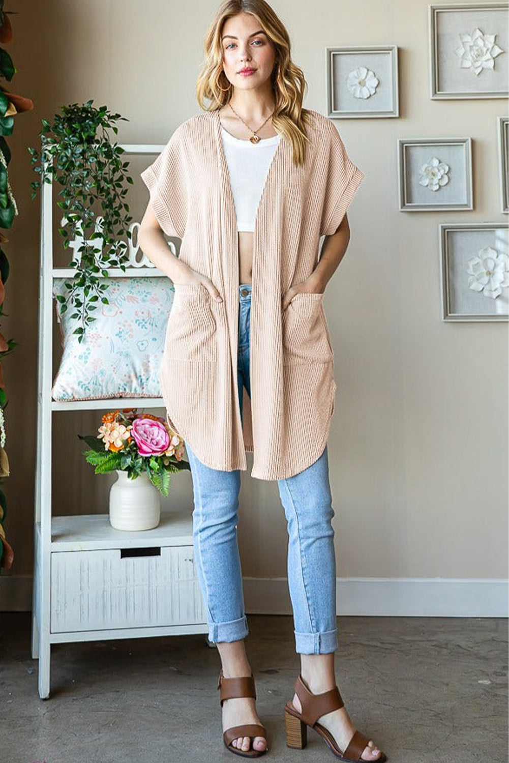 Parchment Ribbed Pocketed Short Sleeve Open Front Top-Chaelisa's New Jammies