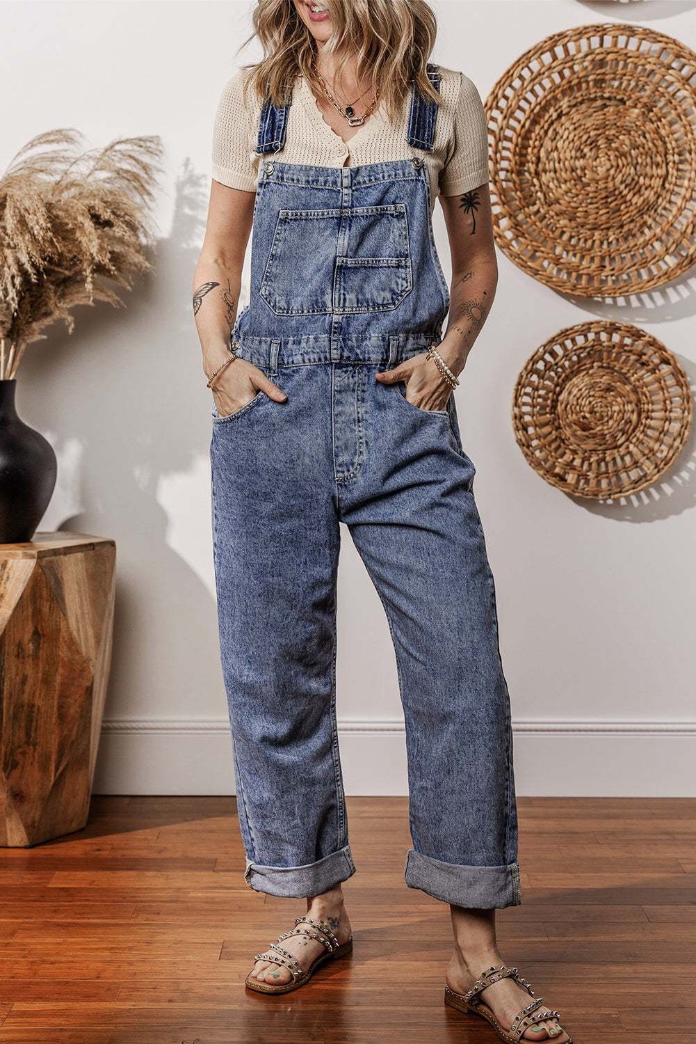 Sail Blue Denim Bib Straight Leg Jumpsuit with Pockets-Chaelisa's New Jammies
