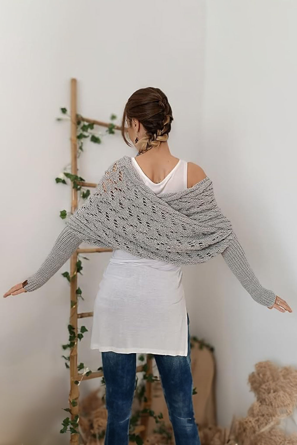 Gray Cross Detail Hollowed Knit Scarf with Sleeves-Chaelisa's New Jammies