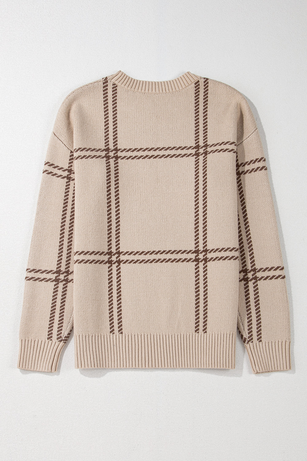 Khaki Plaid Pattern Knitted Drop Shoulder Sweater-Chaelisa's New Jammies