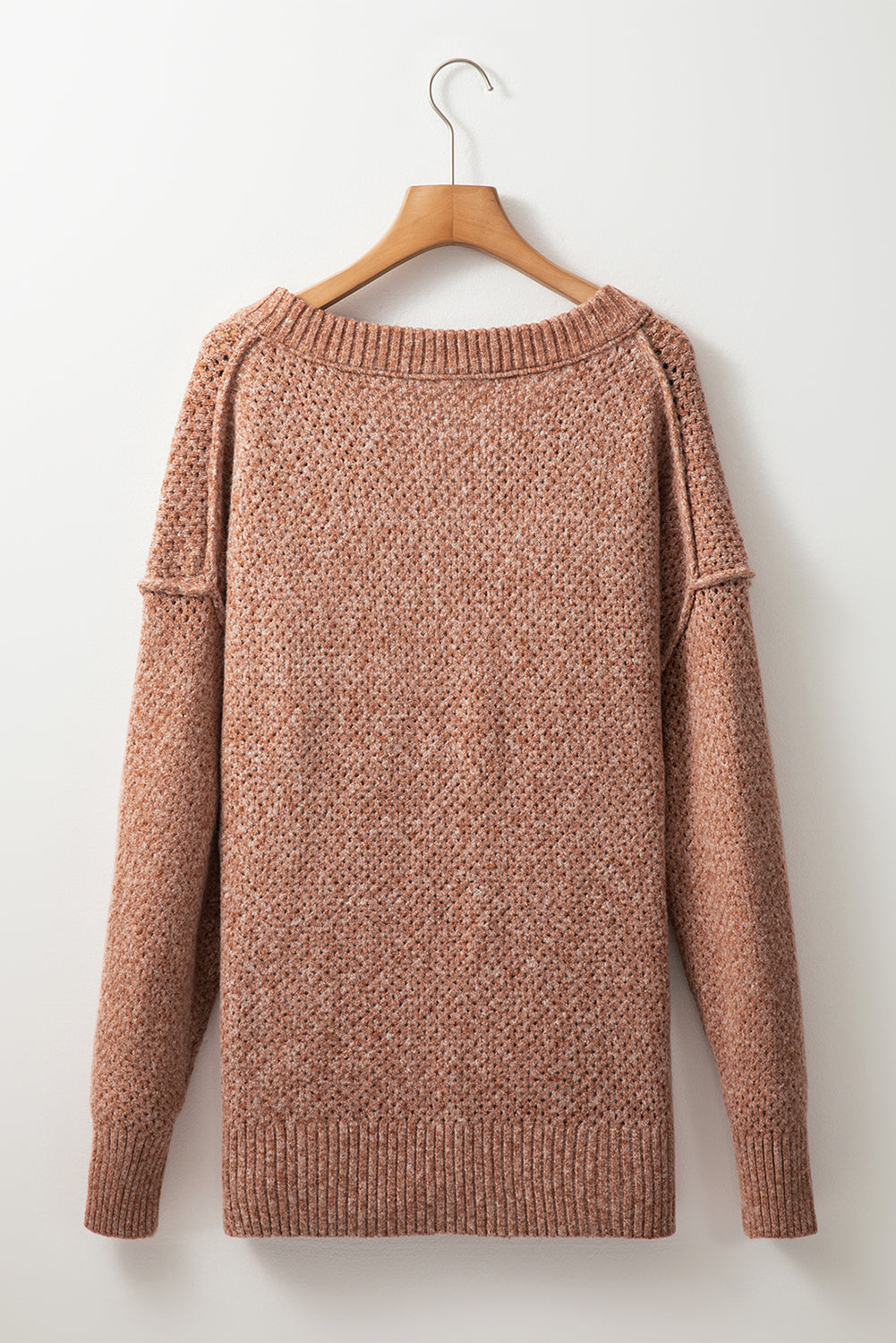 Dark Brown Loose Eyelet V Neck Drop Shoulder Sweater-Chaelisa's New Jammies
