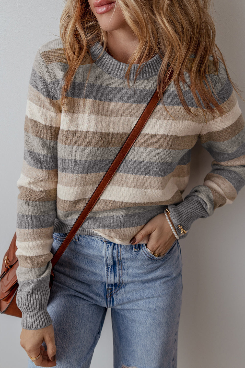 Gray Stripe Color Block Ribbed Edge Round Neck Sweater-Chaelisa's New Jammies