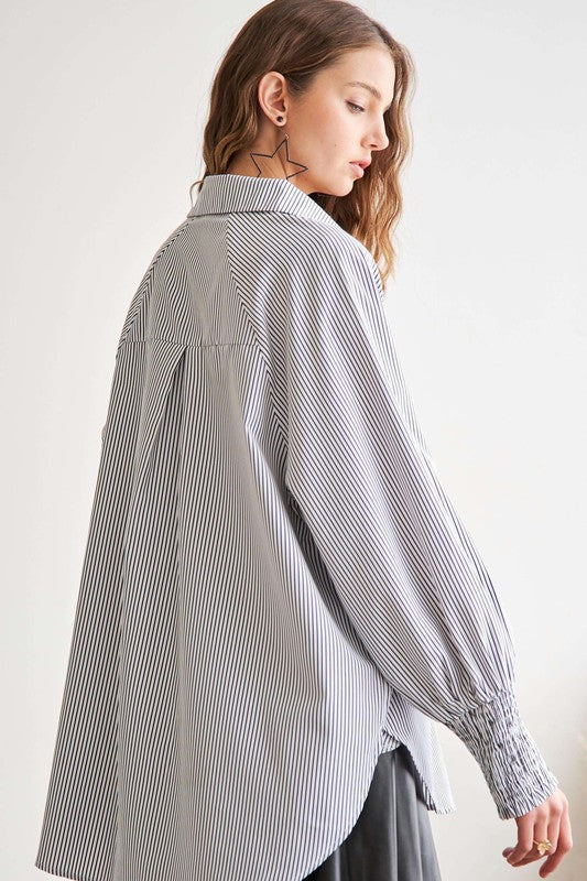 ADORA High-Low Striped Button Down Smocked Lantern Sleeve Shirt-Chaelisa's New Jammies