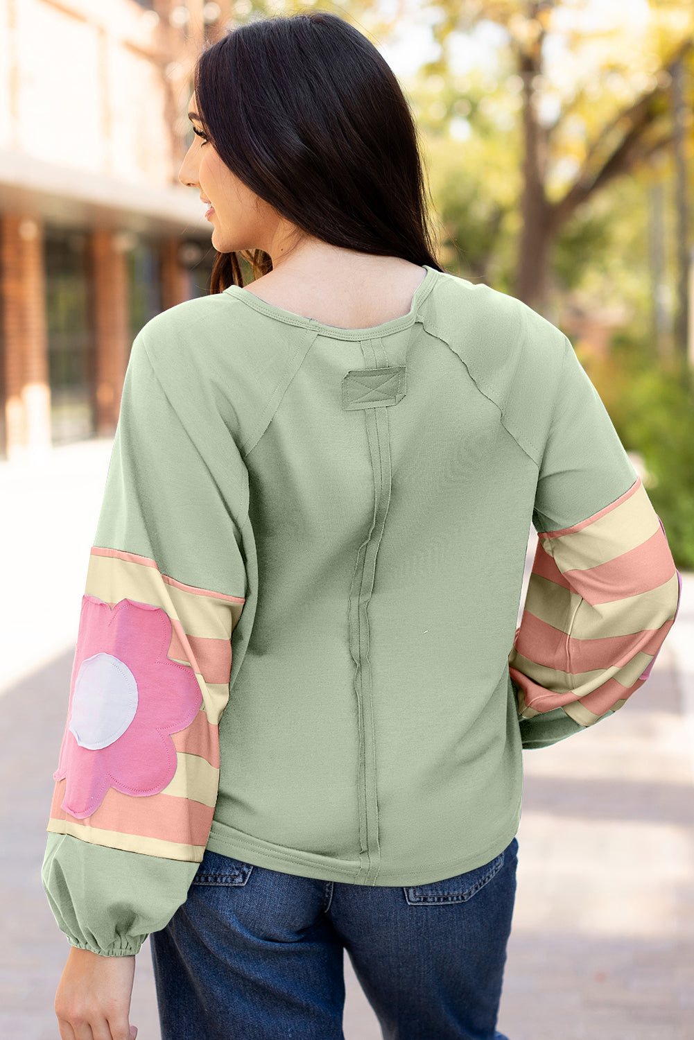 Smoke Green Flower Patchwork Raglan Sleeve Exposed Seam Oversized Top-Chaelisa's New Jammies