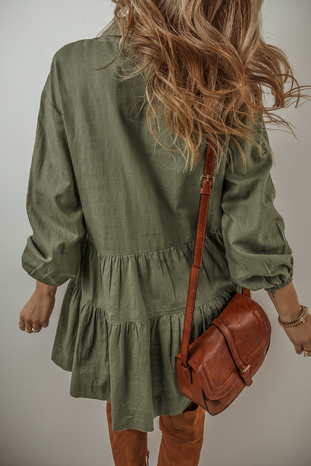 Jungle Green Puff Sleeve Buttoned Tiered Pleated Shirt Mini Dress-Chaelisa's New Jammies