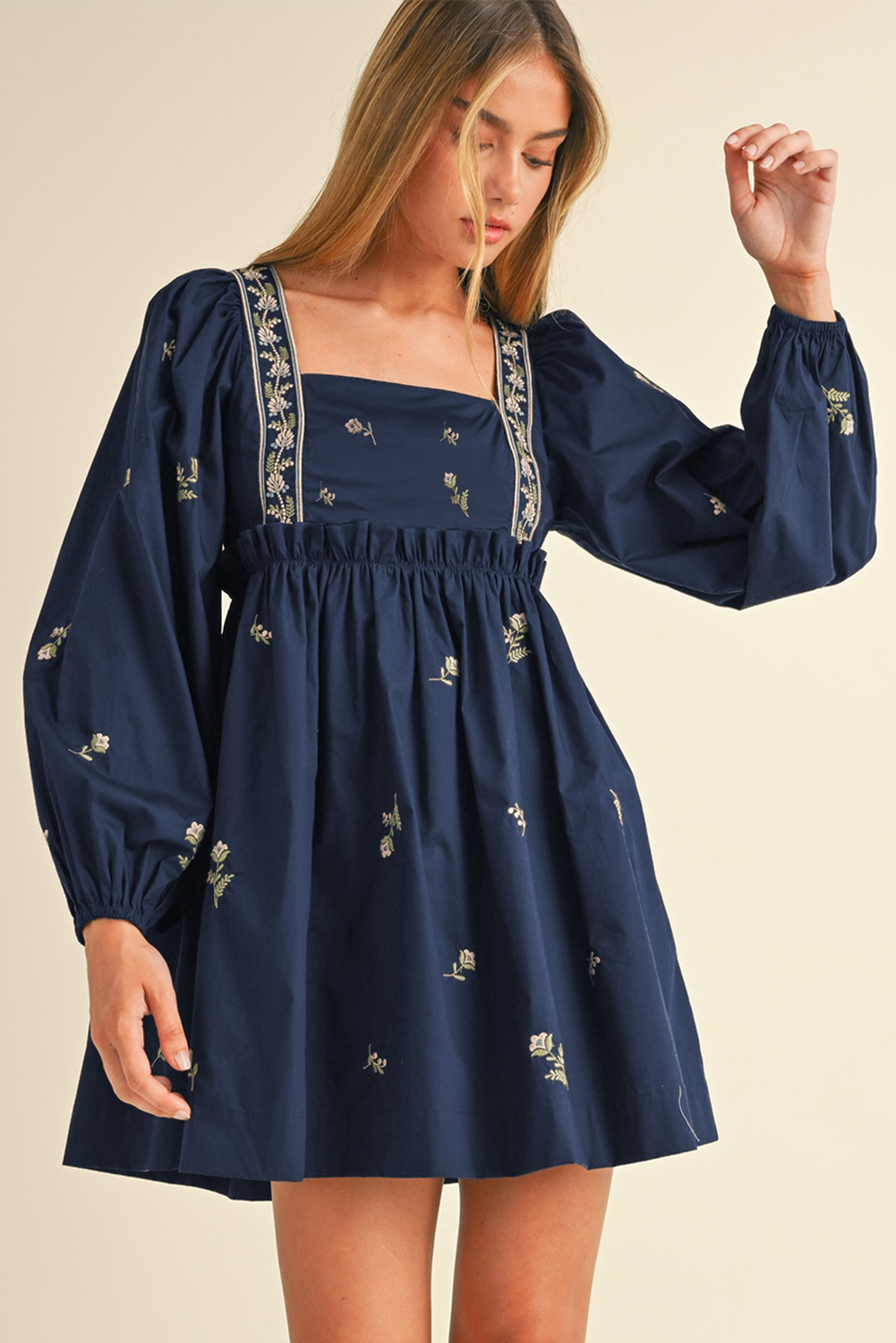 Blue Floral Embroidered Square Neck Puff Sleeve Ruffled Mini Dress-Chaelisa's New Jammies