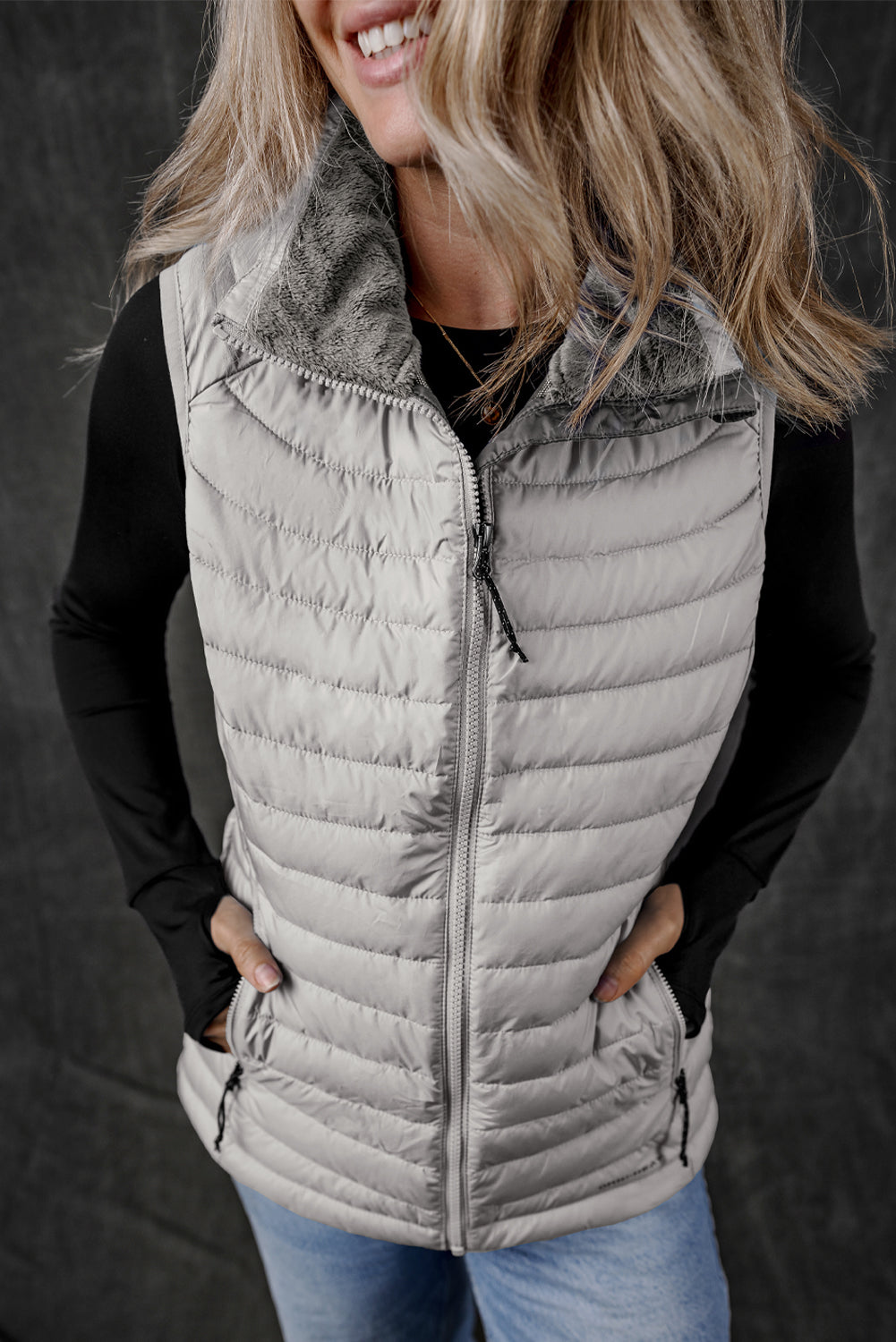 Silvery Plush Collared Quilted Zipped Puffer Vest-Chaelisa's New Jammies