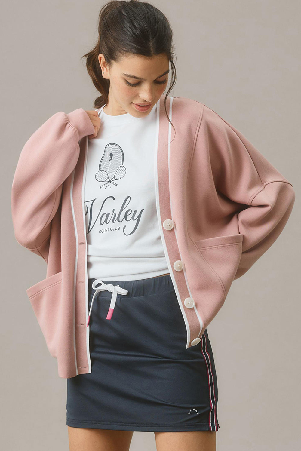 Pink Stripe Contrast Trim V Neck Buttoned Front Pocketed Knit Cardigan-Chaelisa's New Jammies