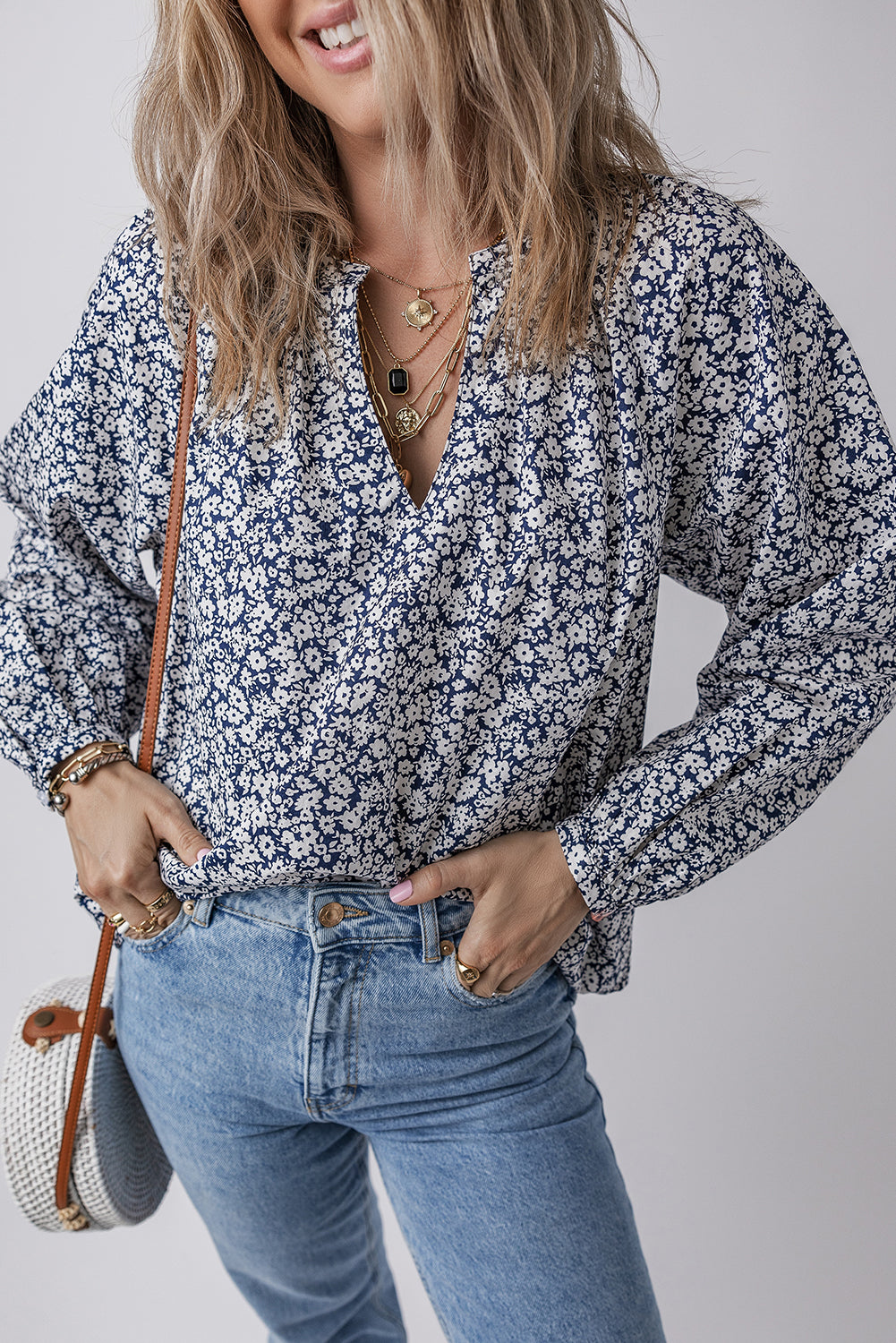 Blue Floral Print Notched V Neck Puff Sleeve Blouse-Chaelisa's New Jammies
