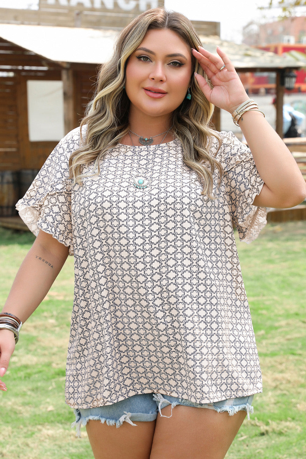 Khaki Plus Size Geometric Print Ruffled Sleeve Blouse-Chaelisa's New Jammies