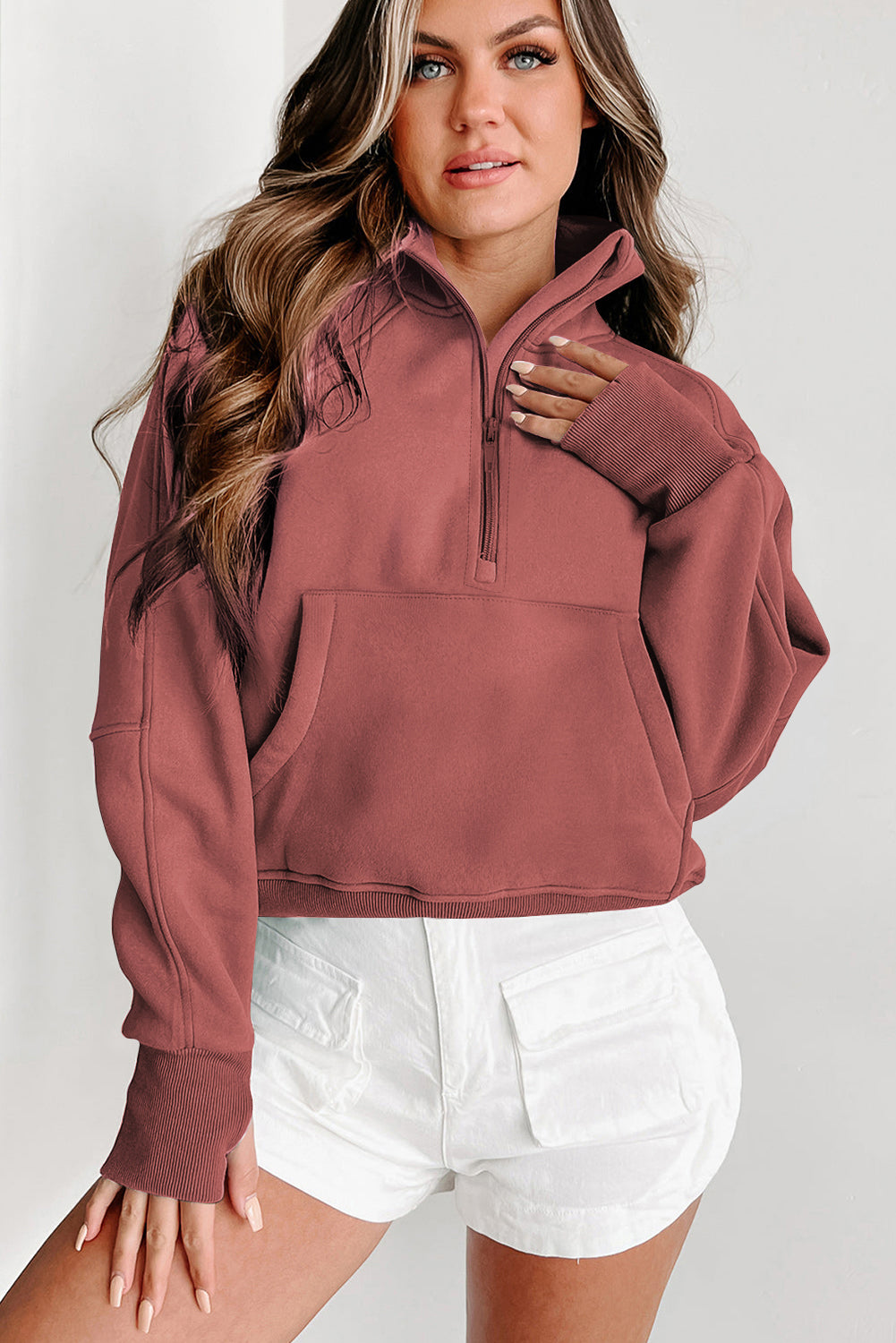 Gray Zip Up Stand Collar Ribbed Thumbhole Sleeve Sweatshirt-Chaelisa's New Jammies