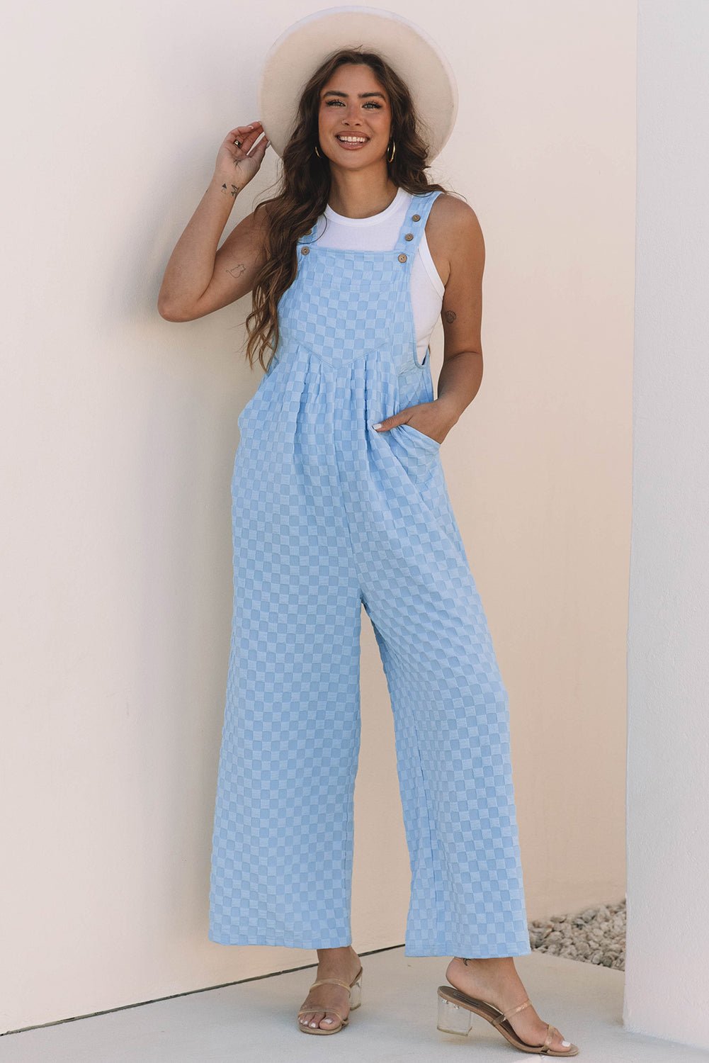 Beau Blue Checkered Pocketed High Waist Wide Leg Overall - Chaelisa's New Jammies
