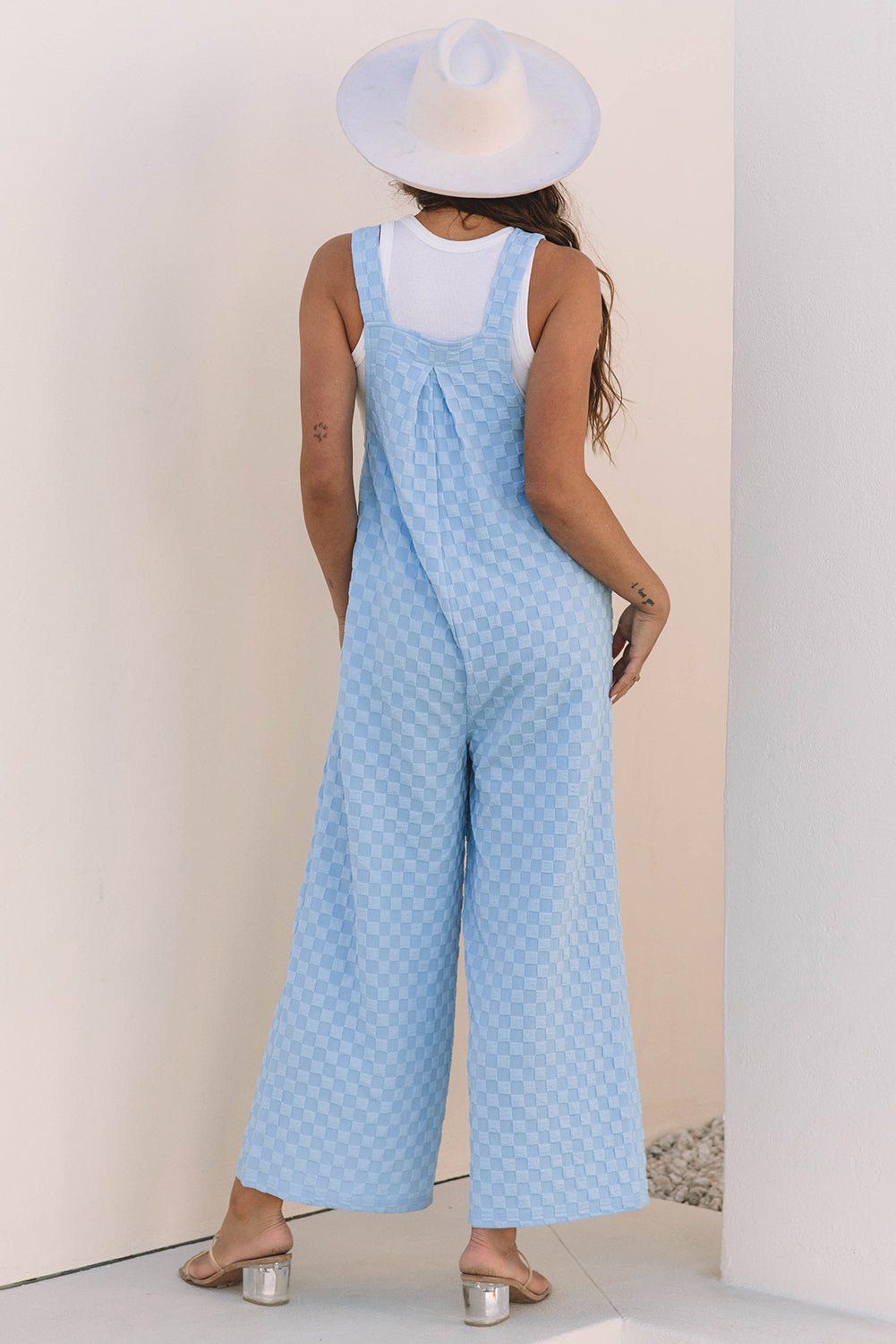 Beau Blue Checkered Pocketed High Waist Wide Leg Overall - Chaelisa's New Jammies