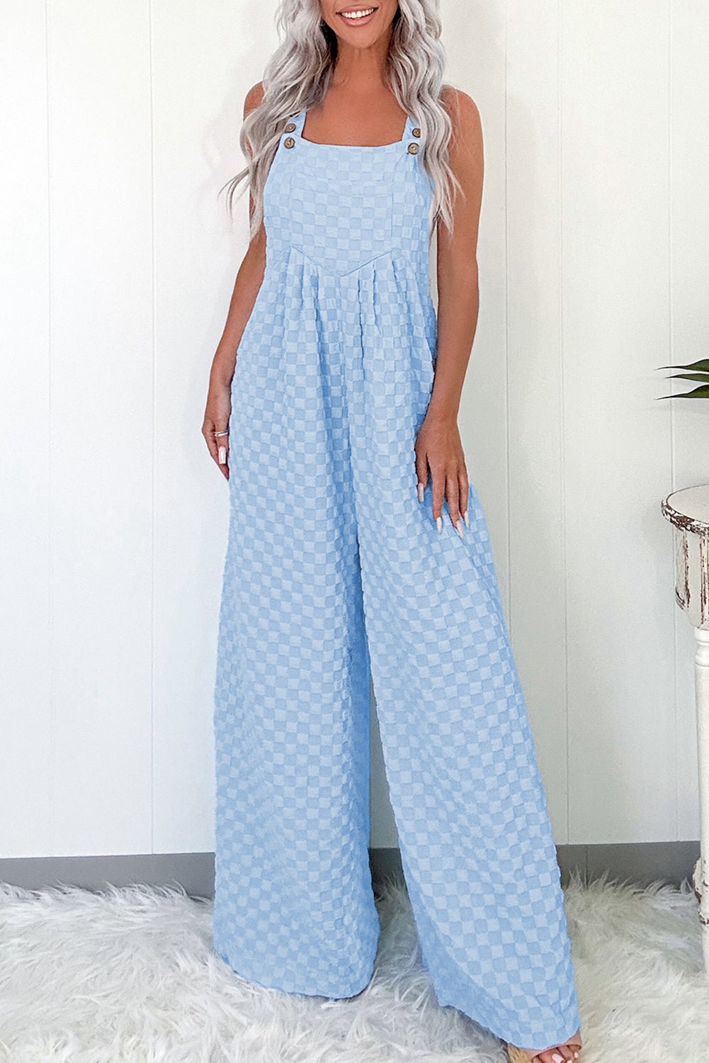 Beau Blue Checkered Pocketed High Waist Wide Leg Overall - Chaelisa's New Jammies