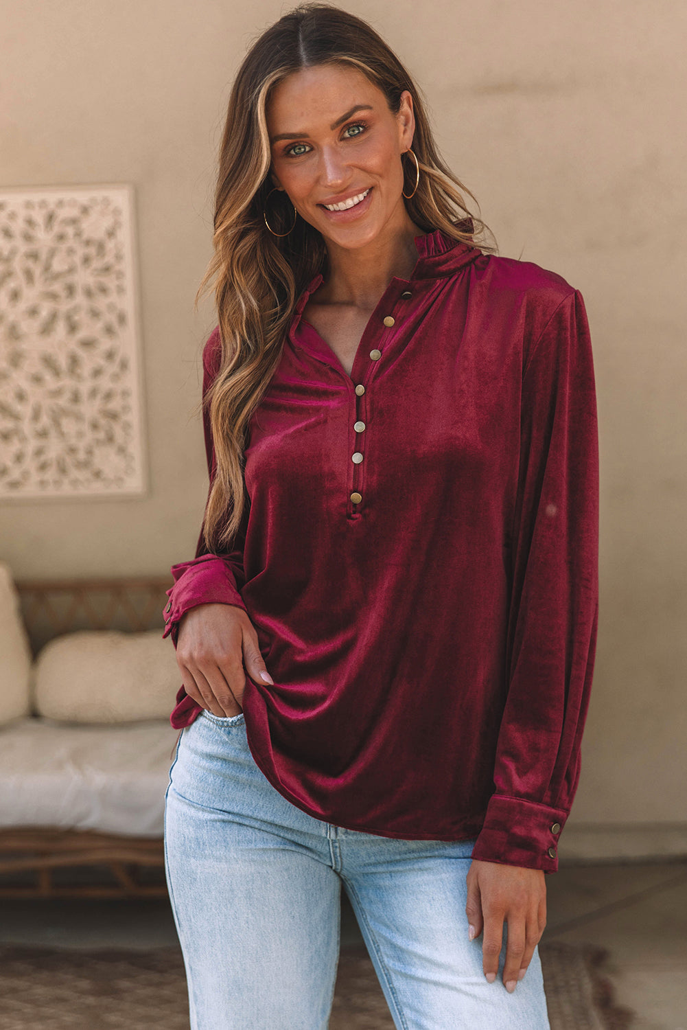 Burgundy Frilled Neck Buttoned Front Velvet Top-Chaelisa's New Jammies