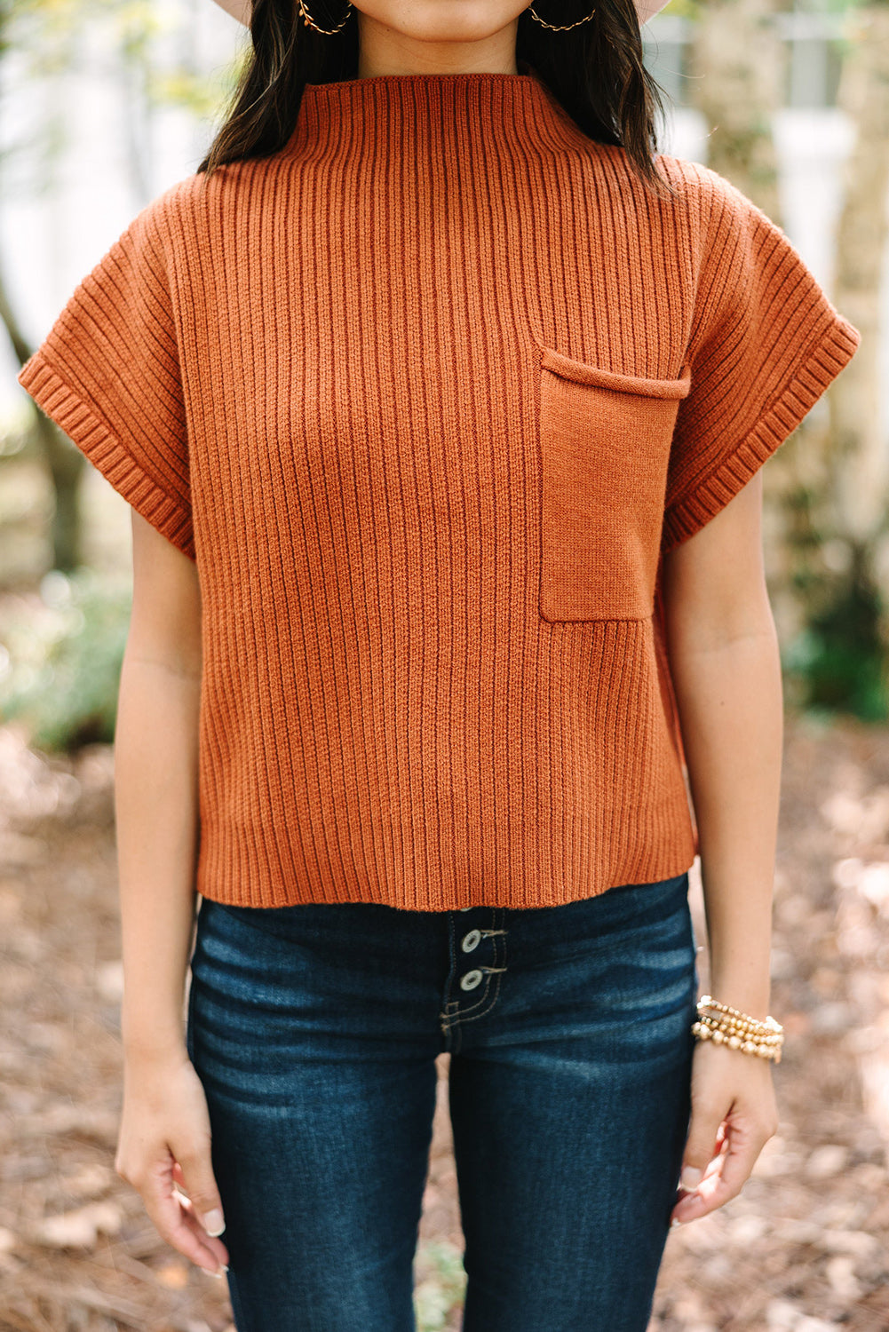 Black Patch Pocket Ribbed Knit Short Sleeve Sweater-Chaelisa's New Jammies