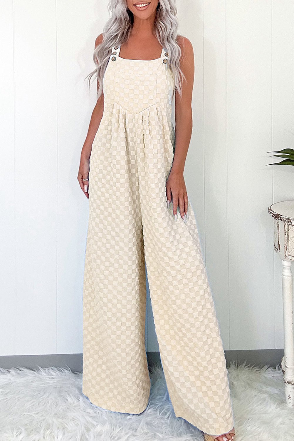 Beige Checkered Pocketed High Waist Wide Leg Overall - Chaelisa's New Jammies