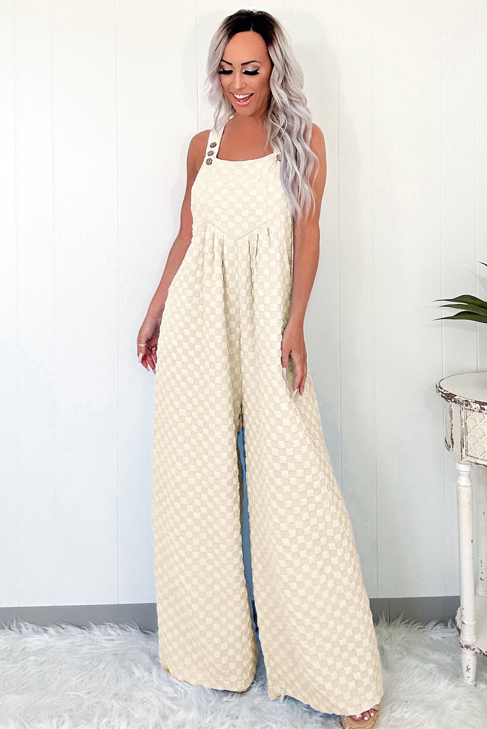 Beige Checkered Pocketed High Waist Wide Leg Overall - Chaelisa's New Jammies