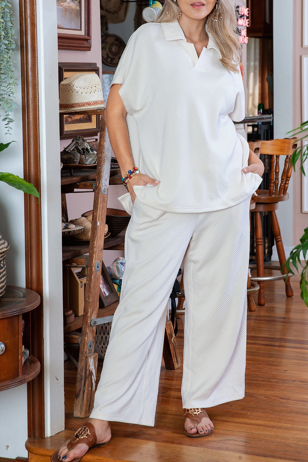 Beige Plus Size Textured Collared Top and Pants Set - Chaelisa's New Jammies
