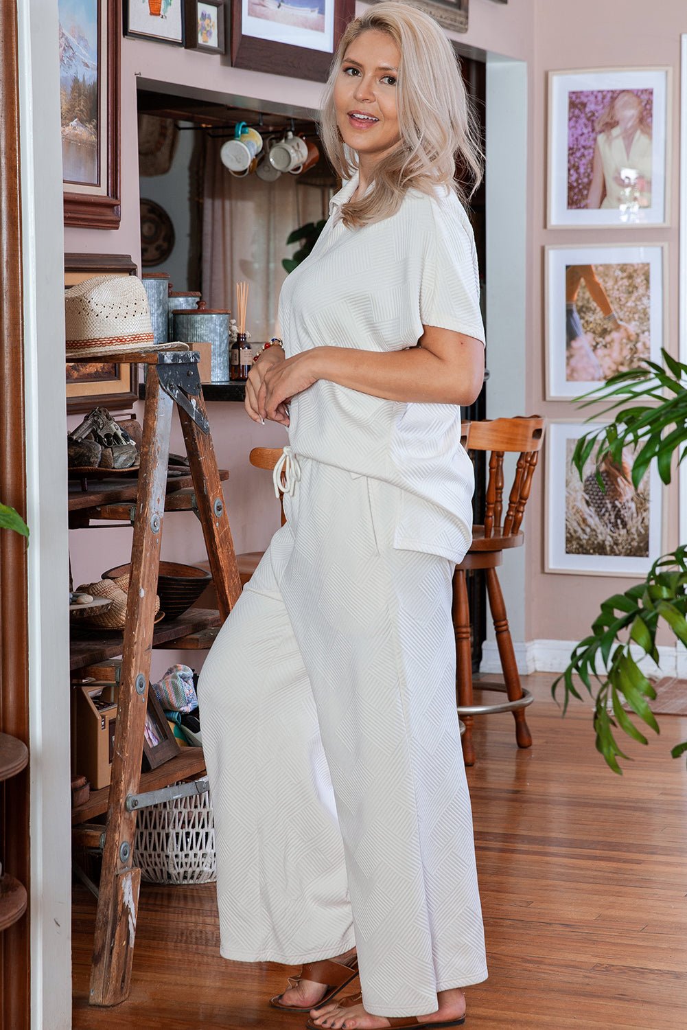 Beige Plus Size Textured Collared Top and Pants Set - Chaelisa's New Jammies