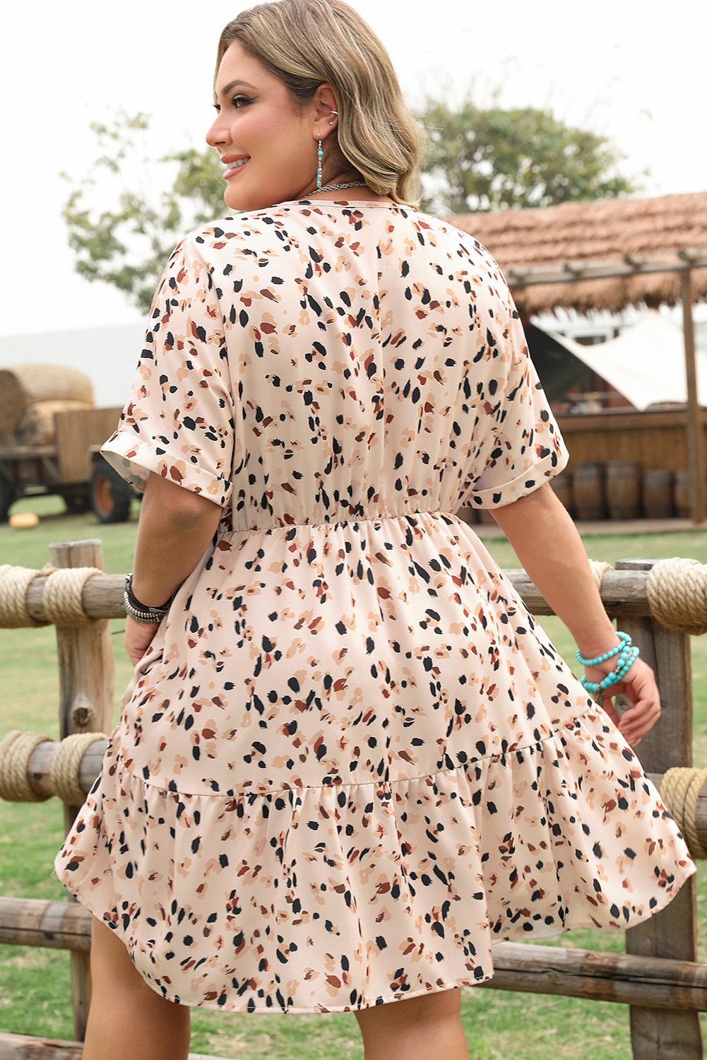 Beige Printed Surplice V Neck Cuffed Sleeve Empire Waist Plus Size Dress - Chaelisa's New Jammies