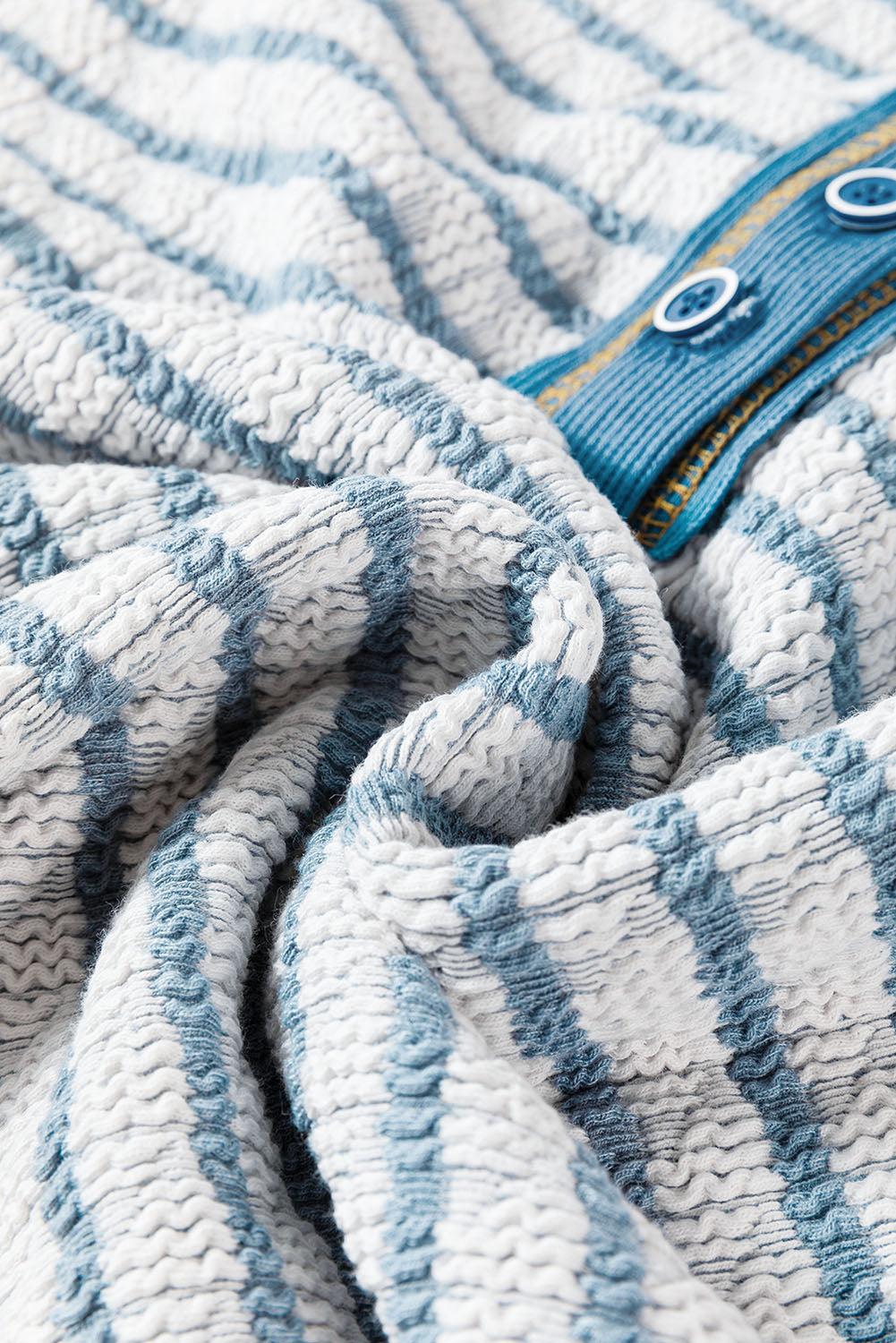 Sky Blue Stripe Textured Frilly Trim Buttons Henley Long Sleeve Top-Chaelisa's New Jammies