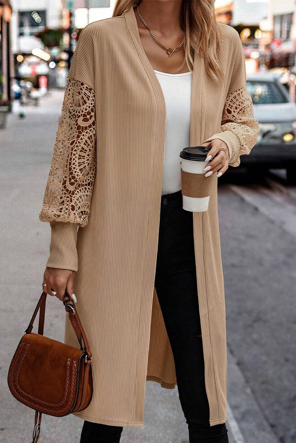 Parchment Lace Patchwork Ribbed Knit Open Front Duster Cardigan-Chaelisa's New Jammies
