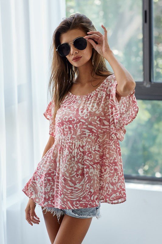 BiBi Leopard Print Gauze Woven Flutter Sleeve Blouse - Chaelisa's New Jammies
