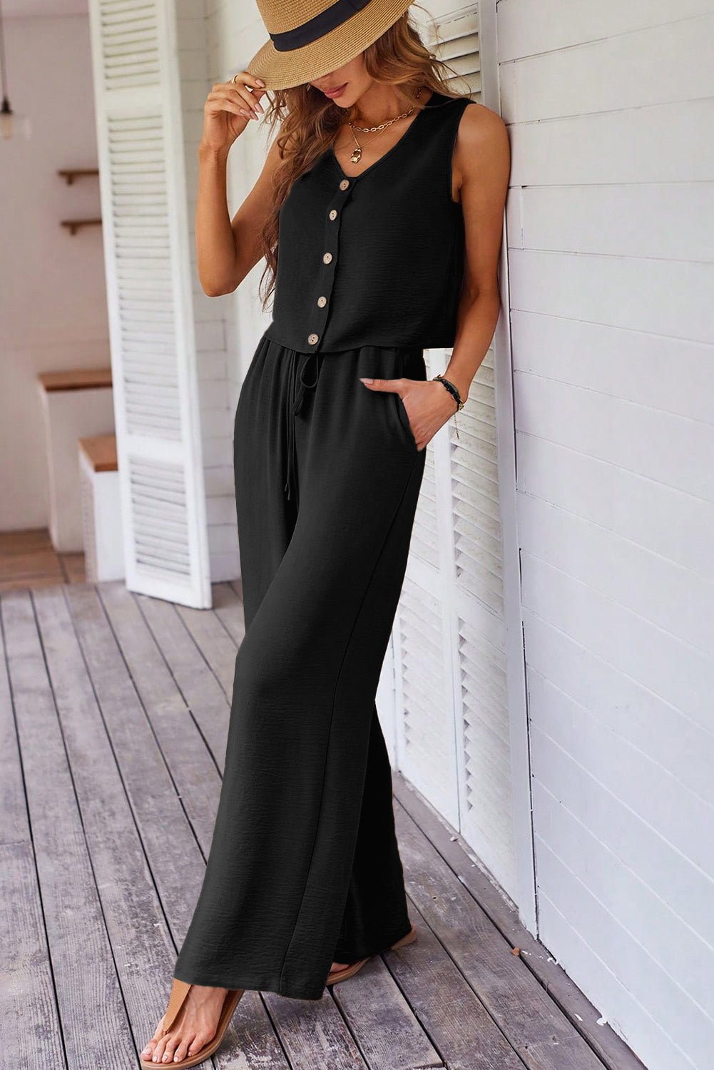 Black Buttoned Vest Drawstring Wide Leg Pants 2pcs Set - Chaelisa's New Jammies
