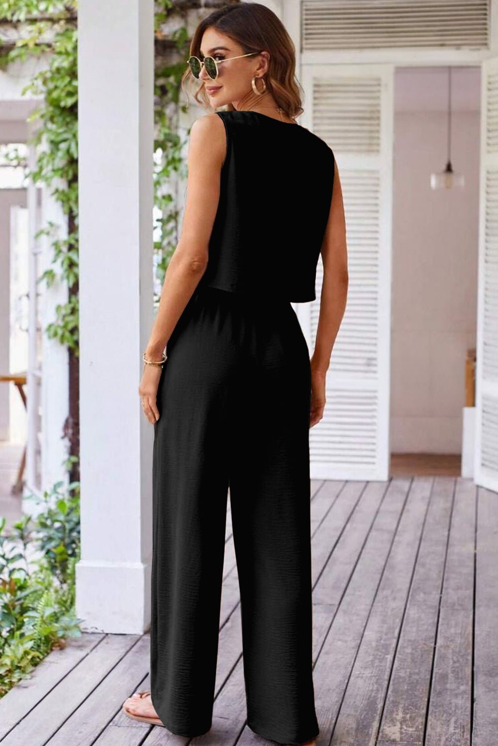 Black Buttoned Vest Drawstring Wide Leg Pants 2pcs Set - Chaelisa's New Jammies