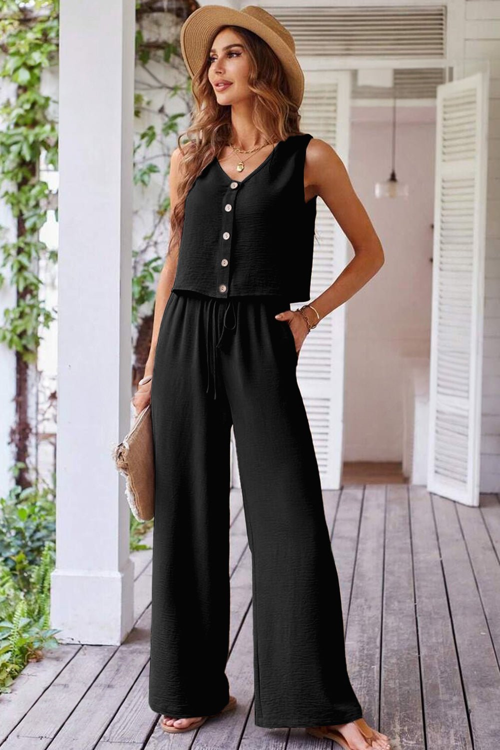 Black Buttoned Vest Drawstring Wide Leg Pants 2pcs Set - Chaelisa's New Jammies