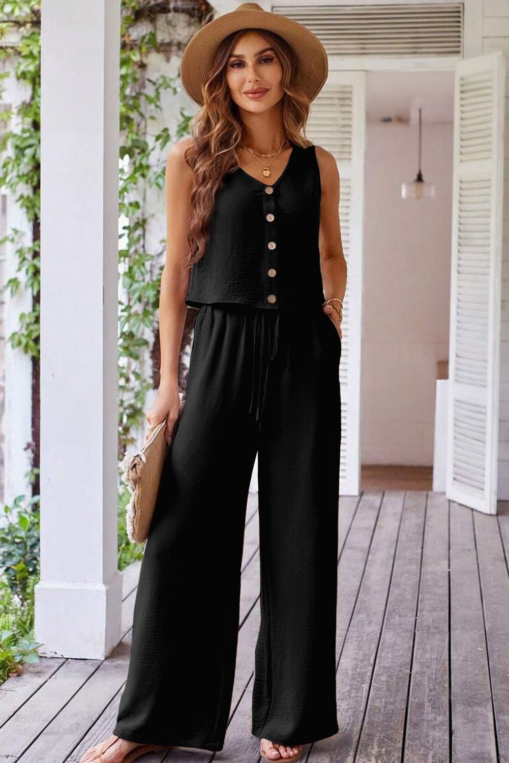 Black Buttoned Vest Drawstring Wide Leg Pants 2pcs Set - Chaelisa's New Jammies
