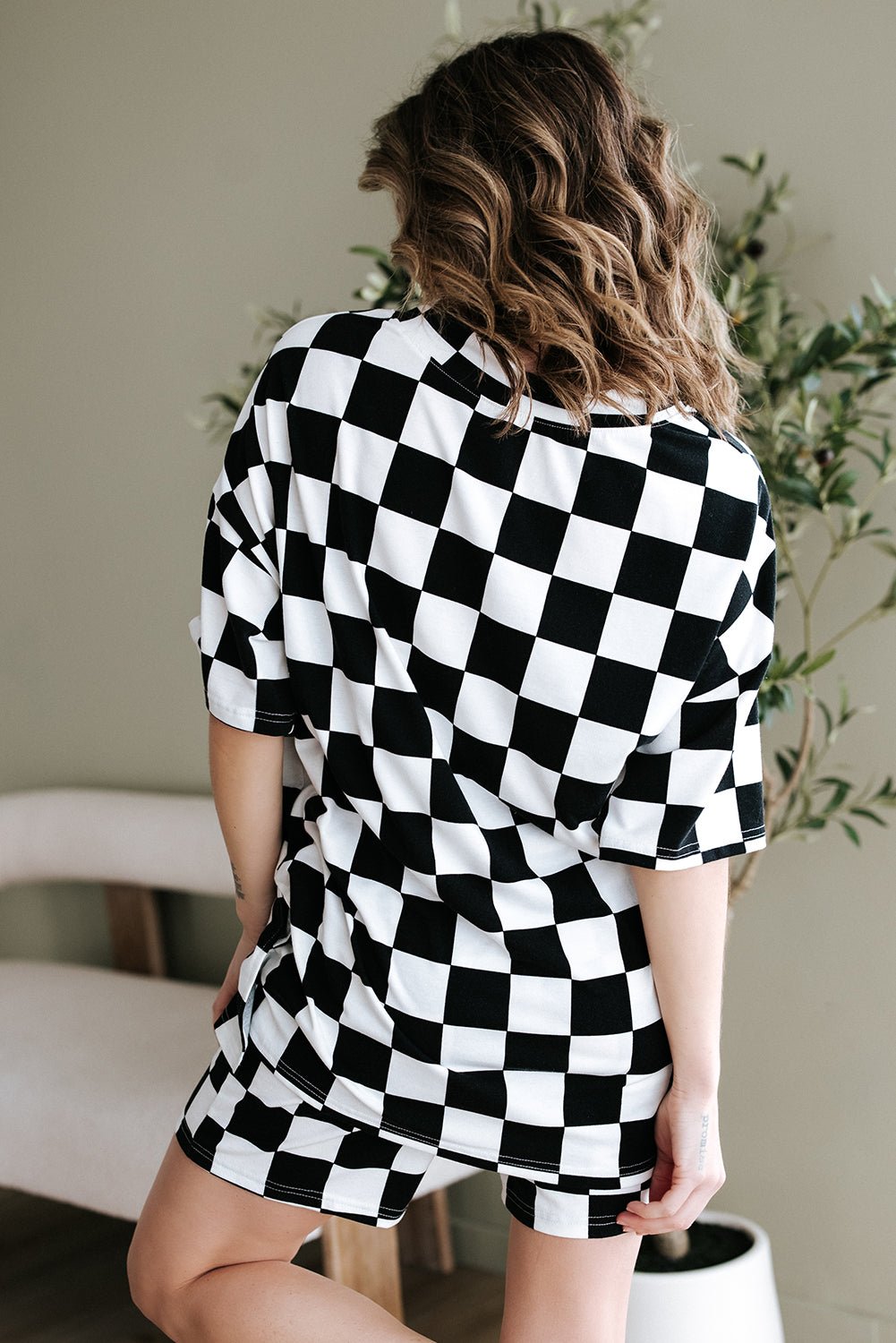 Black Checkerboard Print V Neck Loose Tee and Shorts Lounge Set - Chaelisa's New Jammies