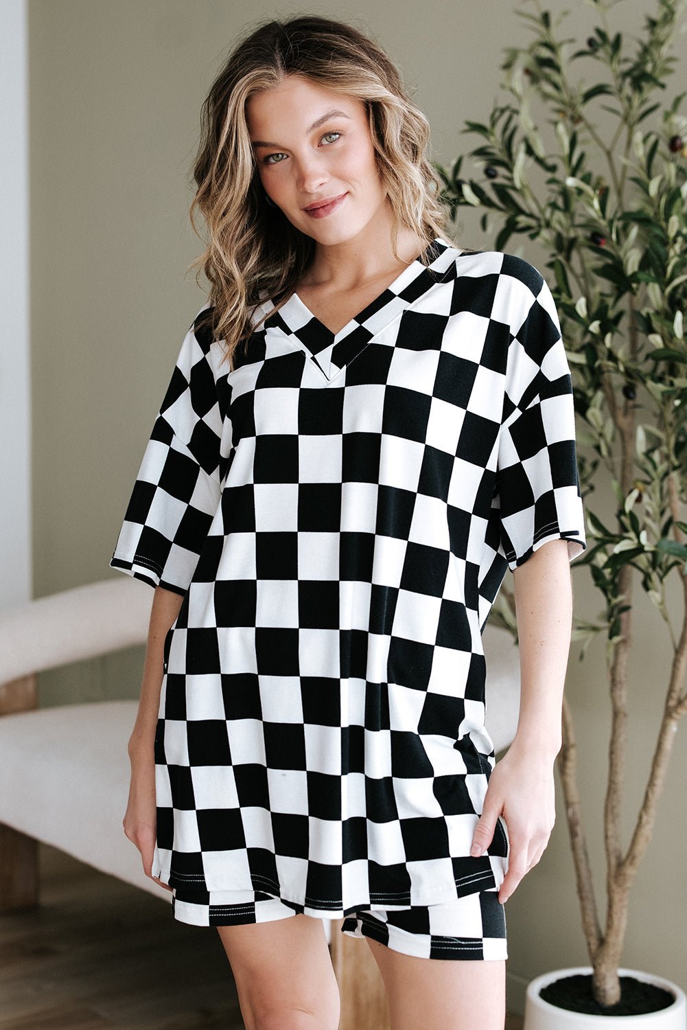 Black Checkerboard Print V Neck Loose Tee and Shorts Lounge Set - Chaelisa's New Jammies