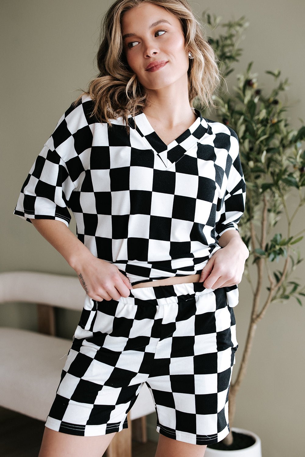 Black Checkerboard Print V Neck Loose Tee and Shorts Lounge Set - Chaelisa's New Jammies